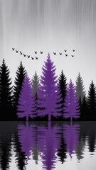Minimalist stylized landscape with purple pine trees reflecting in water under falling rain and flying birds