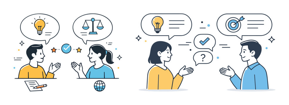 Two caucasian adults discussing ideas with speech bubbles depicting lightbulbs and scales - Powered by Adobe