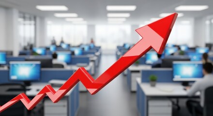 Business Growth Concept with Red Arrow in Modern Office Environment and Computer Workstations