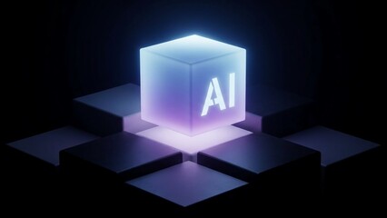 Glowing purple cube with ai letters on a dark background with futuristic technology and artificial intelligence concept with glowing cube