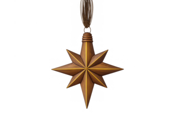 Wooden eight-point star rustic ornament hanging on a string, traditional holiday decoration, transparent background