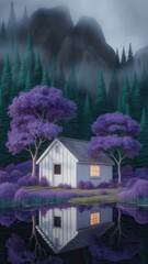Enchanting small white cabin nestled among vibrant purple trees and dense forest under misty mountains, reflected in calm water