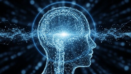 Digital human head with glowing blue light and neural network connections on dark background with sparkling particles representing artificial intelligence