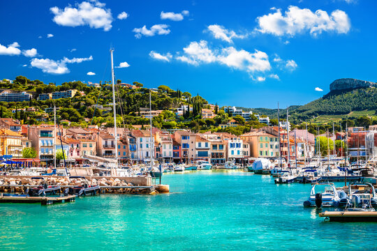 Cassis, France. Idyllic coastal town of Cassis on French riviera scenic harbor and waterfront view