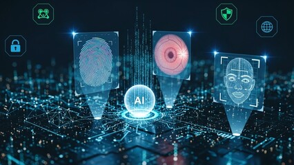 Artificial intelligence technology concept with human face fingerprint and eye recognition floating over futuristic cityscape at night with glowing blue lines