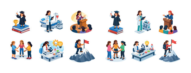 Diverse female achievements in education and science illustrated in isometric style