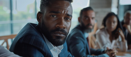 Focused Determination: A determined person in a meeting with colleagues. captured with keen eye, conveying a blend of resolve and contemplation, inviting viewers to explore the narrative.