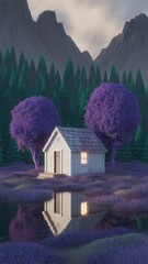 Enchanting wooden cabin nestled by a reflective lake amidst purple foliage and towering mountains at dusk