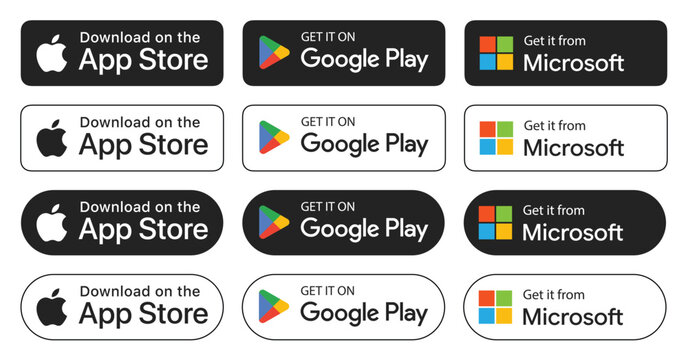 Collection of App Store Google Play and Microsoft Store download buttons in vector illustration style