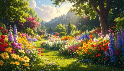 Lush, sunlit garden scene with a path winding through colorful flowers, trees, and distant hills under a bright sky
