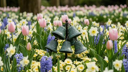 French Easter Bells in Spring Garden Scene