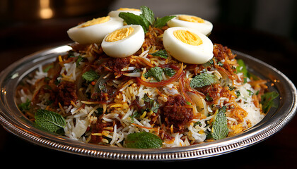 A lavish platter of biryani crowned with eggs, mint, and crispy onions radiates festive south Asian flavor 