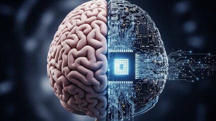 Human brain with one half showing pink cerebral cortex and the other half displaying circuit board and microchip technology integration