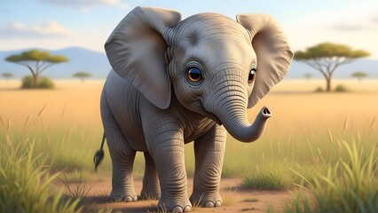 Cute baby elephant standing in a sunlit savanna landscape with soft grass and distant trees, rendered in a friendly illustrated style that conveys innocence, wildlife, and nature themes.
