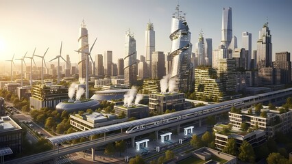 Fototapeta premium A futuristic cityscape with sleek skyscrapers and wind turbines at sunrise