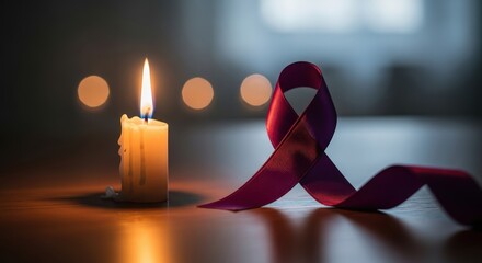 Candlelight Vigil with Pink Ribbon Symbolizing Hope and Support for Breast Cancer Awareness Campaigns
