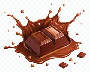 realistic 3d dark chocolate bar with chocolate cream splash in different style isolated on transparent background