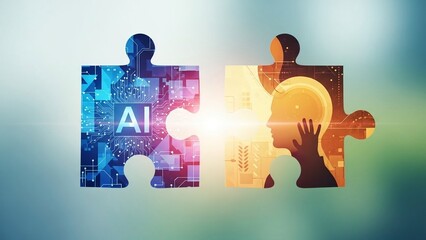 Artificial intelligence and human brain connect, puzzle pieces with ai and human elements, symbolizing technology and innovation with machine learning