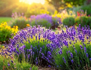 Lush, sunny garden scene showcasing vibrant lavender blooms in the foreground, with other colorful plants and a golden sun