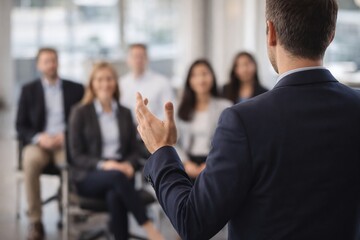 A man in a dark suit is seen from behind giving a business presentation or speech to a seated group of professionally dressed people in a modern office environment
