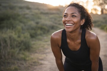 A smiling athletic woman in black sportswear leans forward to rest after a run on a dirt path surrounded by greenery during golden hour with warm sunlight in the background