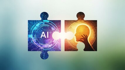 Artificial intelligence concept with puzzle pieces connecting human brain and circuit board with ai text with machine learning and technology