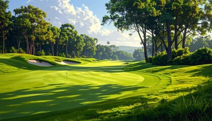 Lush, sunny golf course with neatly manicured greens, sand traps, and towering trees under a partly cloudy sky