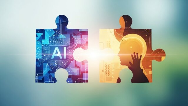 Artificial intelligence and human brain connect, puzzle pieces with ai and human elements, symbolizing technology and innovation with machine learning - Powered by Adobe