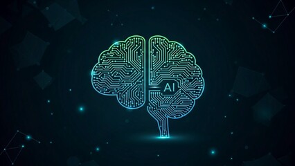 Glowing blue circuit board brain with ai symbol on dark background with neon lights and stars representing artificial intelligence technology concept