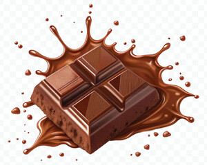 realistic 3d dark chocolate bar with chocolate cream splash in different style isolated on transparent background