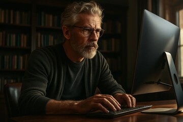 Focused senior man with gray beard and glasses working at desktop computer in a cozy home office library, warm light.