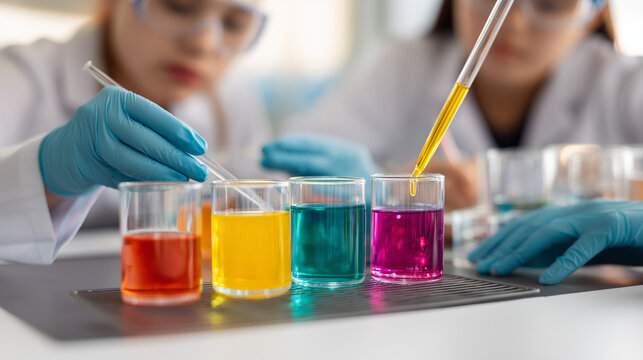 Scientists conducting chemistry experiments with colorful liquids. International Day of Women and Girls in Science. - Powered by Adobe