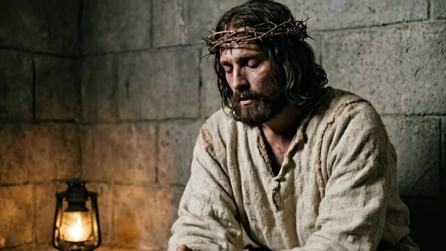 Jesus christ, a man with crown of thorns, bound and praying with a lantern glow in a stone dungeon, holy week and good friday