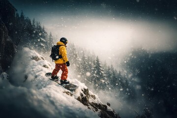 Snowboarder standing on snowy cliff in heavy snowfall, winter mountain adventure and extreme sports landscape.