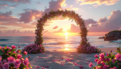 Serene beach wedding arch Page Page Page Page Page at Page sunset with flowers and calm sea