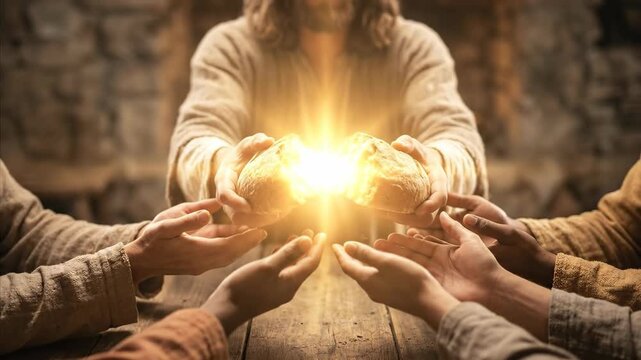 Jesus Christ breaks bread with disciples, divine light emanating during communion. Religious symbol of faith and spiritual gathering.