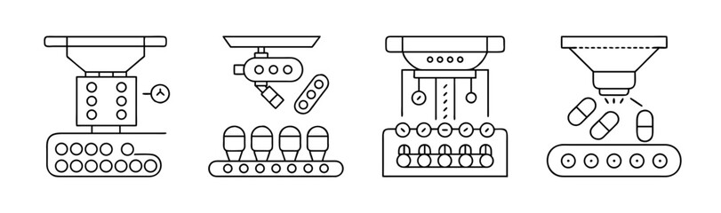 Line art icons of automated pill sorting and packaging machinery.