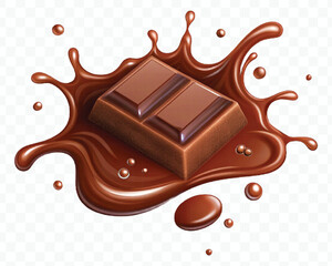 realistic 3d dark chocolate bar with chocolate cream splash in different style isolated on transparent background