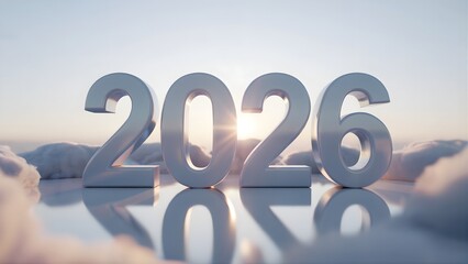 Clean 3d white numbers for the year 2026 standing on a reflective surface among soft clouds with a bright golden sun flare at dawn