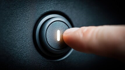 Close-up of a Finger Pressing an Illuminated Power Button on a Dark Surface, Symbolizing Control, Technology, and User Interaction with Devices