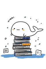 Cute cartoon narwhal on a stack of books © Slon