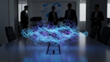 Futuristic network visualization on a sleek conference table with businesspeople in the background discussing complex data structures and digital communication