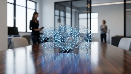 Modern office meeting room with digital abstract art on wooden table, blurred businesspeople in background, professional workspace with natural light