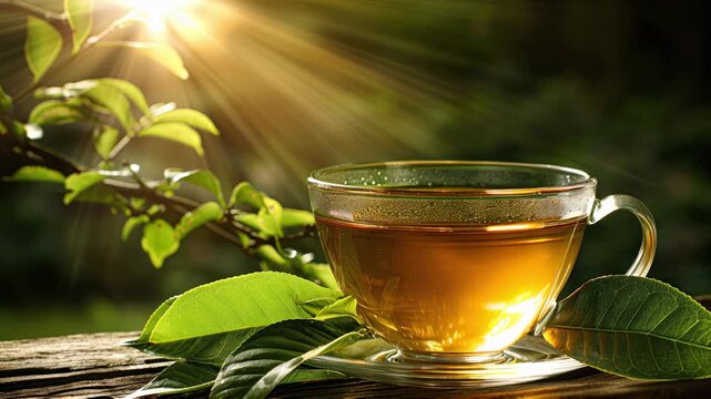 Refreshing cup of tea with loose leaves set against a serene natural background scene
