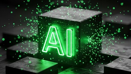Glowing neon green ai lettering on futuristic cube with sparkling particles and dark background, artificial intelligence concept, technology and innovation theme