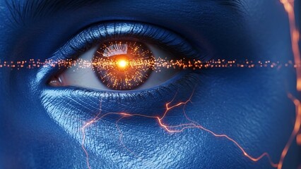 Futuristic human eye with glowing orange light and electrical sparks on blue skin closeup with futuristic eye and glowing eye and sci fi concept