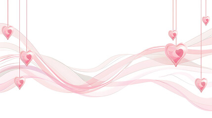 Valentine's Day white and pink wave background, hanging crystal heart decoration, dynamic flow line design for wedding banner and website header
