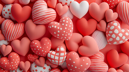 Valentine's Day pink tone heart pile background, coral red and white stripe polka dot hearts, 3d polymer clay texture for mobile wallpaper
