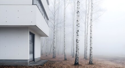 Modern minimalist white architecture building nestled in a serene foggy birch forest landscape featuring clean lines, organic textures, and tranquillity.