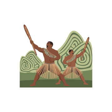 Māori Haka Performance Vector Illustration with Two Traditional Figures, Carved Staff and Woven Shield on White Background